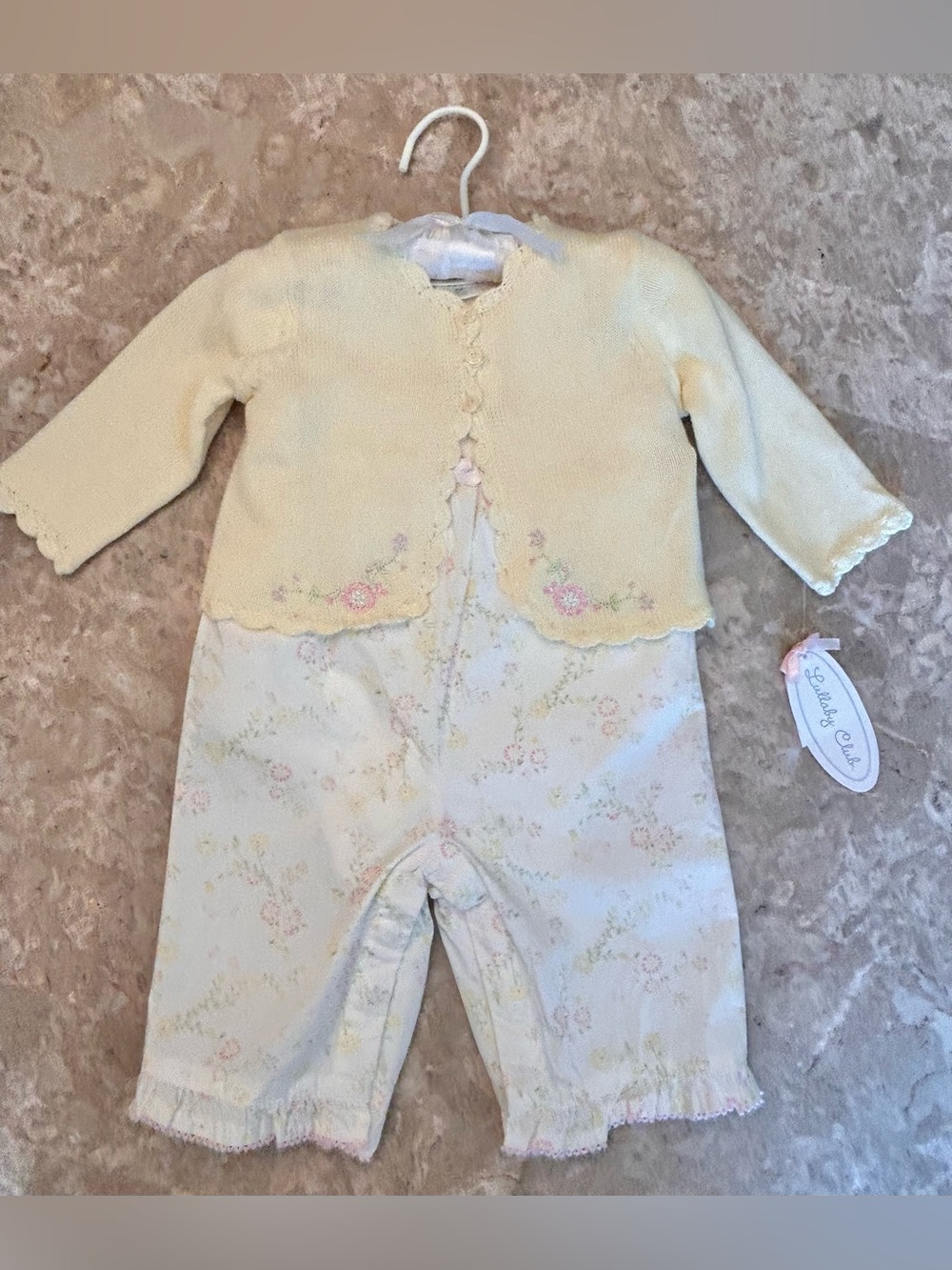 Lullaby Club Yellow Knit Cardi and Floral One-Piece for Baby Girl 6 mo